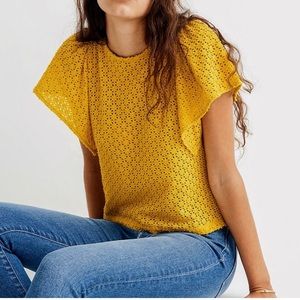 Madewell Texture & Thread Yellow Eyelet Flutter Sleeve Top